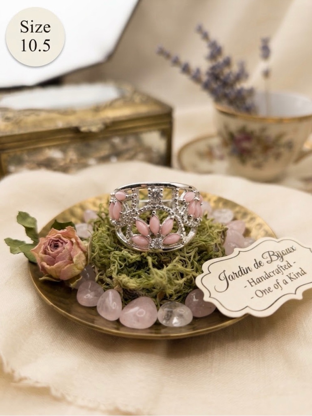 Pink Floral Silver Ring - Size 10.5